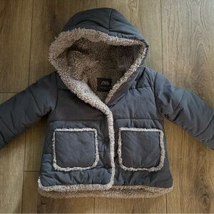 Zara Kids Charcoal Puffer Jacket with Faux Fur Trim || 2-3T